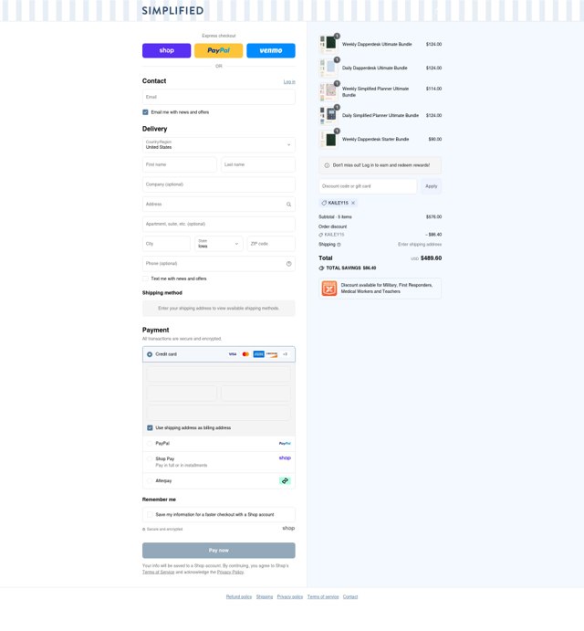 Emily Ley checkout page showing Emily Ley promo code box | Screenshot taken by SimplyCodes community member on Sep 2, 2025