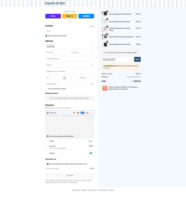 Emily Ley checkout page showing Emily Ley promo code box | Screenshot taken by SimplyCodes community member on Sep 2, 2025