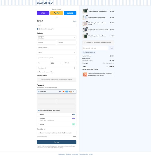 Emily Ley checkout page showing Emily Ley promo code box | Screenshot taken by SimplyCodes community member on Sep 2, 2025