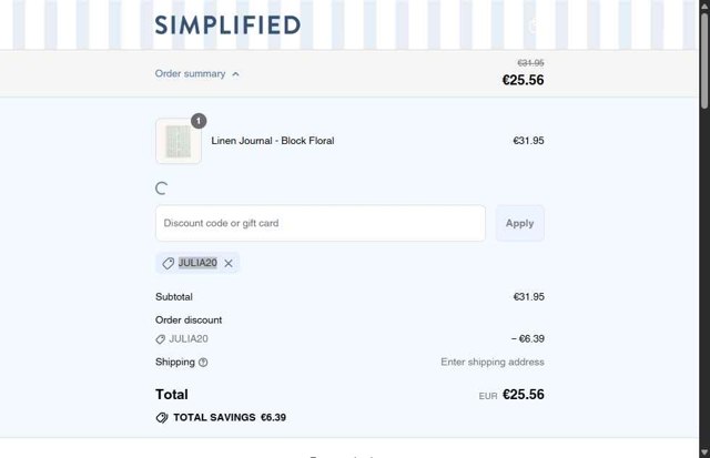 Emily Ley checkout page showing Emily Ley promo code box | Screenshot taken by SimplyCodes community member on Sep 5, 2025