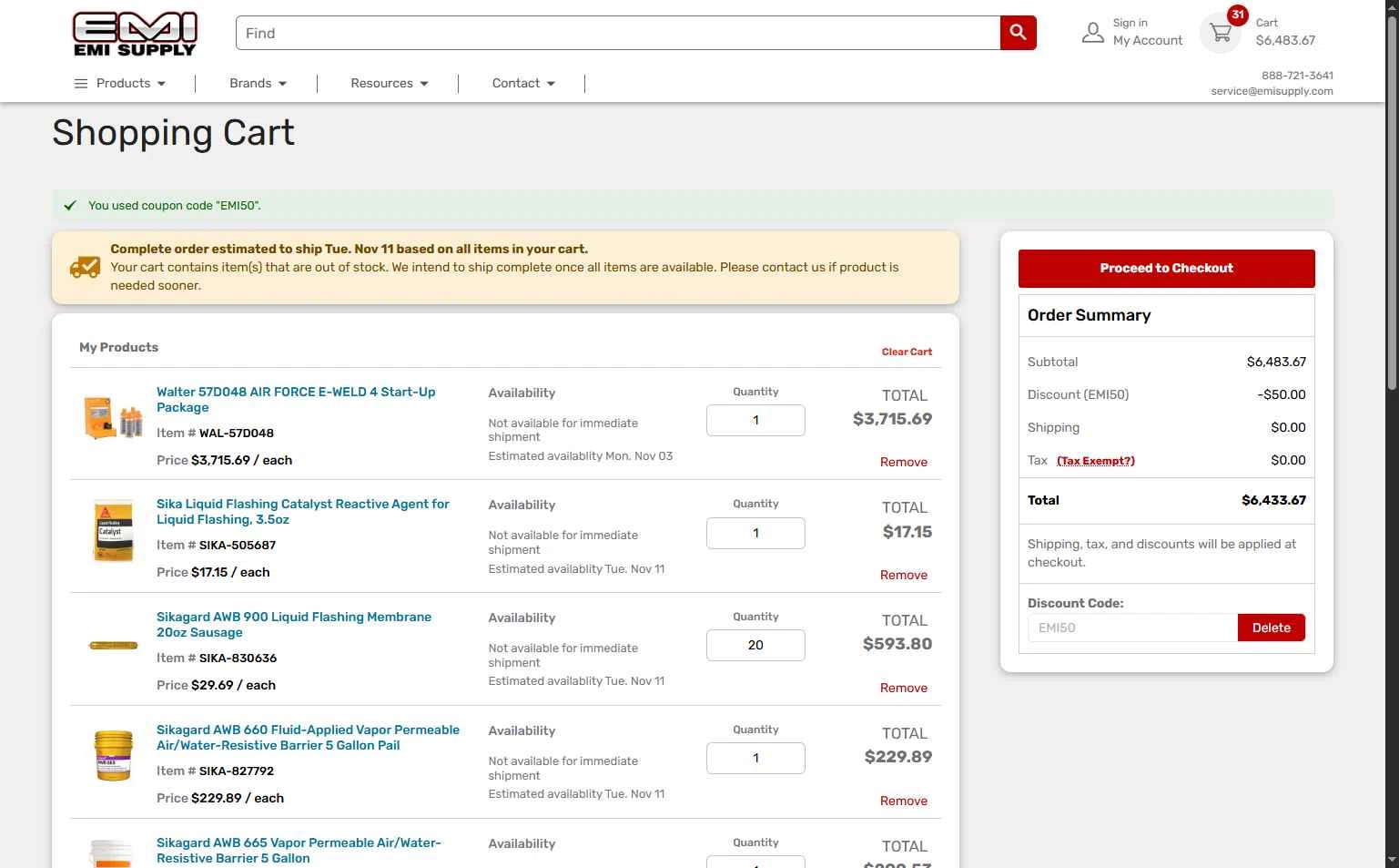 EMI Supply checkout page showing EMI Supply coupon code box | Screenshot taken by SimplyCodes community member on Oct 28, 2025