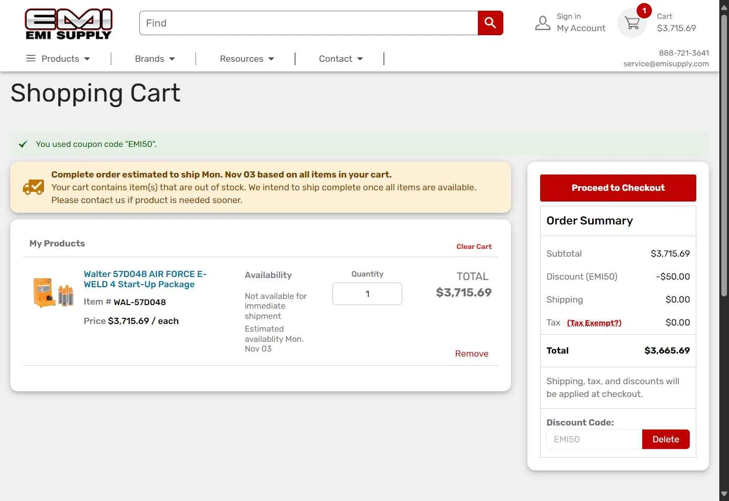 EMI Supply checkout page showing EMI Supply coupon code box | Screenshot taken by SimplyCodes community member on Oct 28, 2025