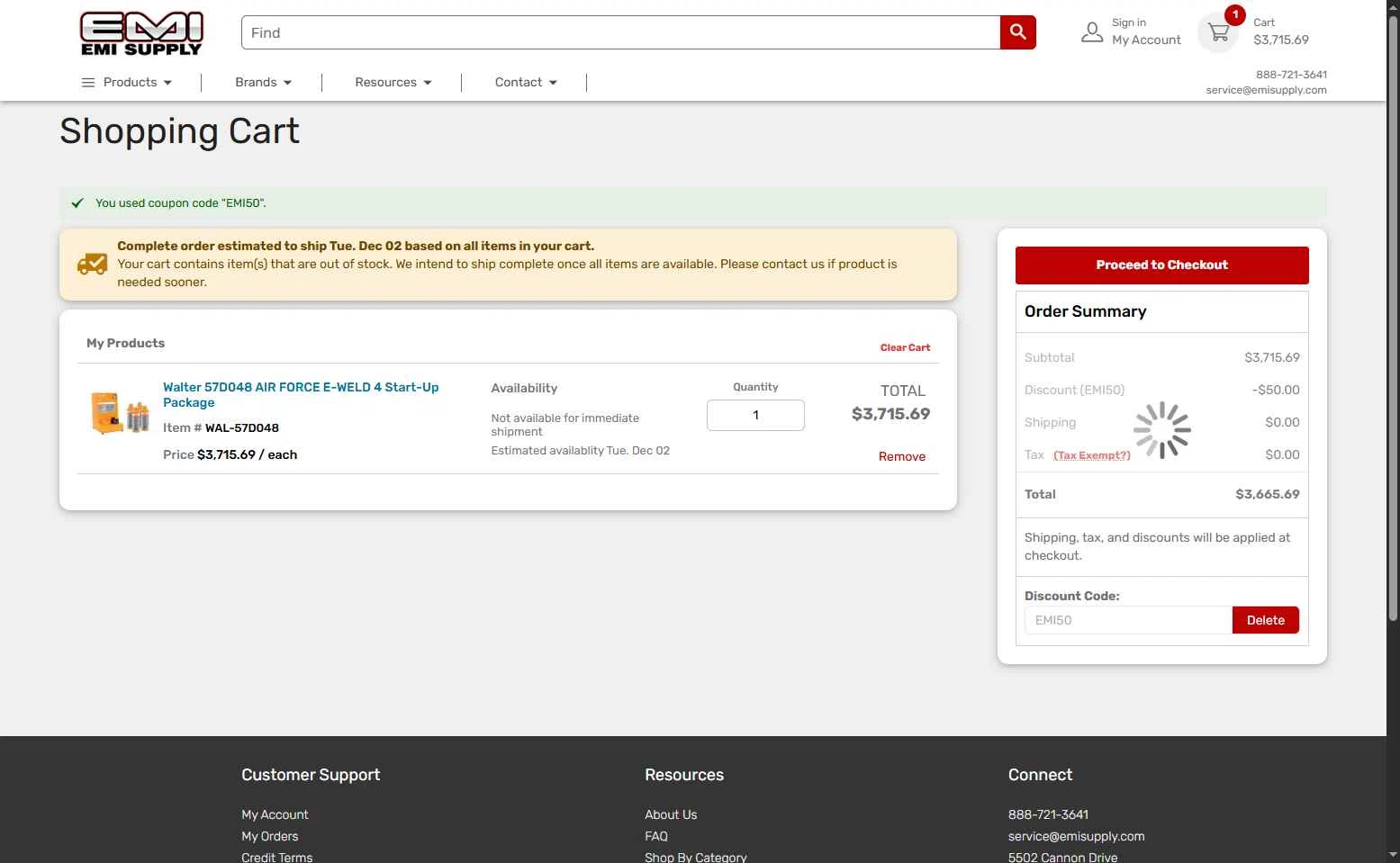 EMI Supply checkout page showing EMI Supply coupon code box | Screenshot taken by SimplyCodes community member on Nov 26, 2025