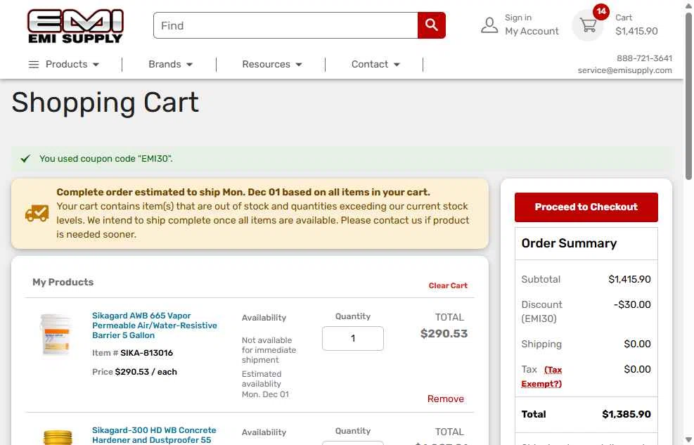 EMI Supply checkout page showing EMI Supply coupon code box | Screenshot taken by SimplyCodes community member on Nov 16, 2025