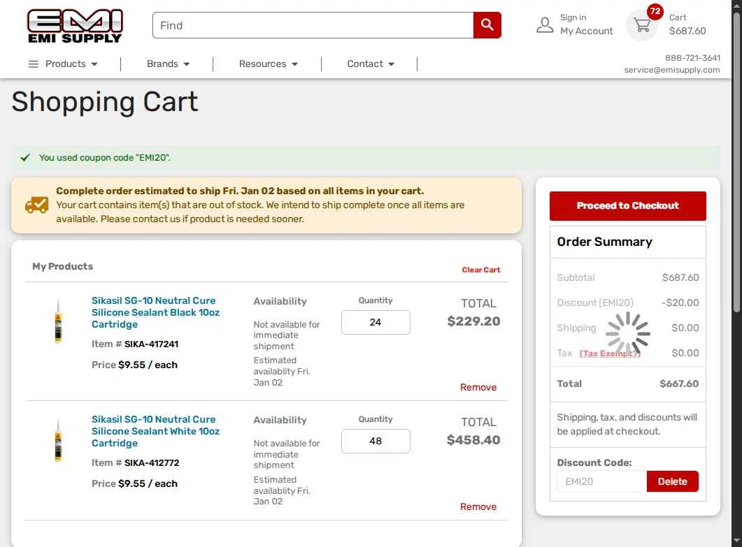 EMI Supply checkout page showing EMI Supply coupon code box | Screenshot taken by SimplyCodes community member on Dec 19, 2025