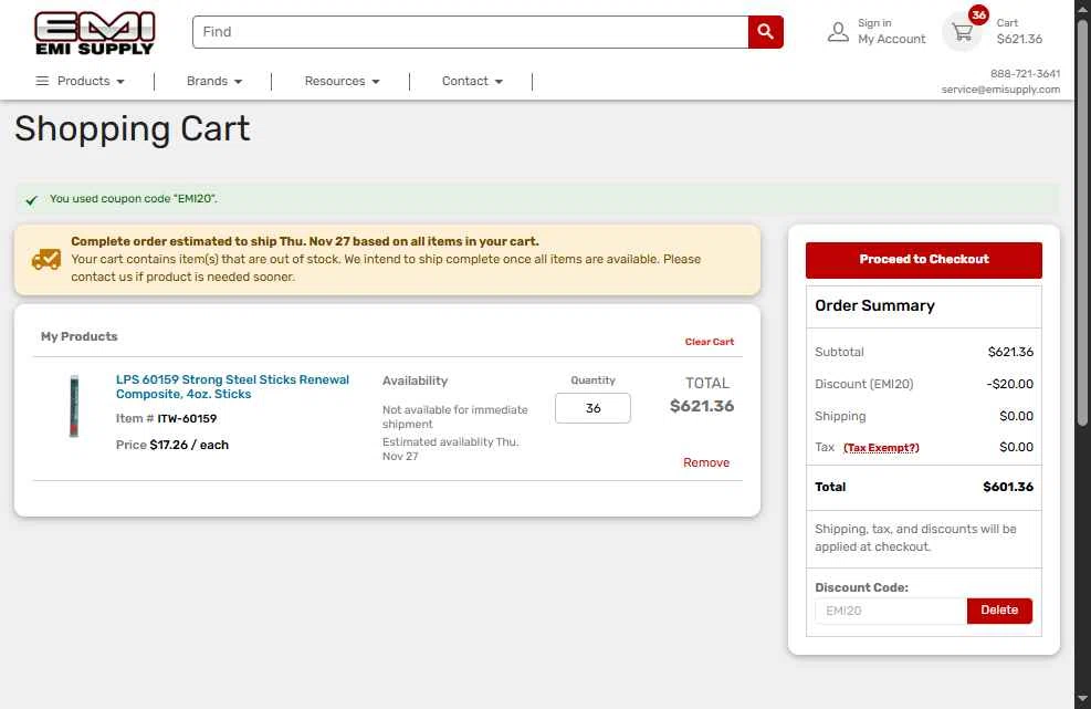 EMI Supply checkout page showing EMI Supply coupon code box | Screenshot taken by SimplyCodes community member on Nov 20, 2025