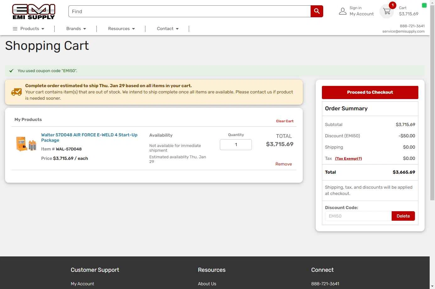 EMI Supply checkout page showing EMI Supply coupon code box | Screenshot taken by SimplyCodes community member on Jan 23, 2026