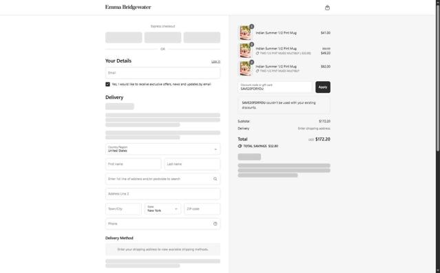 Emma Bridgewater checkout page showing Emma Bridgewater promo code box | Screenshot taken by SimplyCodes community member on Jul 14, 2025
