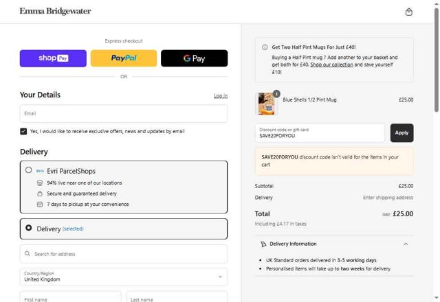 Emma Bridgewater checkout page showing Emma Bridgewater promo code box | Screenshot taken by SimplyCodes community member on May 12, 2025
