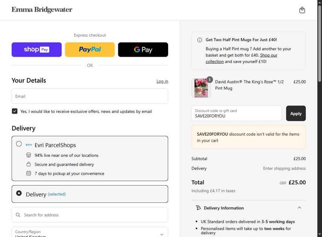 Emma Bridgewater checkout page showing Emma Bridgewater promo code box | Screenshot taken by SimplyCodes community member on May 23, 2025