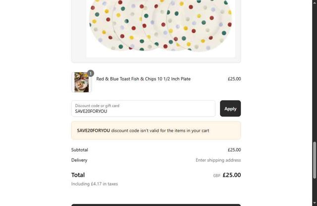 Emma Bridgewater checkout page showing Emma Bridgewater promo code box | Screenshot taken by SimplyCodes community member on May 12, 2025