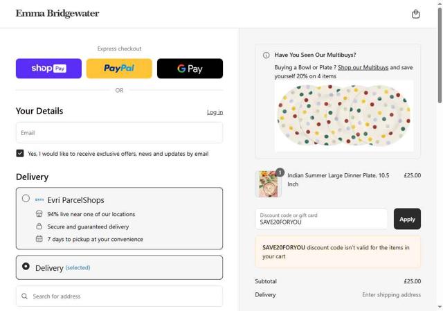 Emma Bridgewater checkout page showing Emma Bridgewater promo code box | Screenshot taken by SimplyCodes community member on Jul 14, 2025