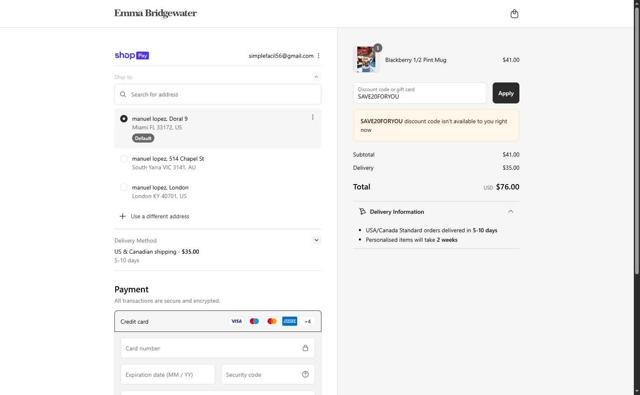 Emma Bridgewater checkout page showing Emma Bridgewater promo code box | Screenshot taken by SimplyCodes community member on Jul 30, 2025