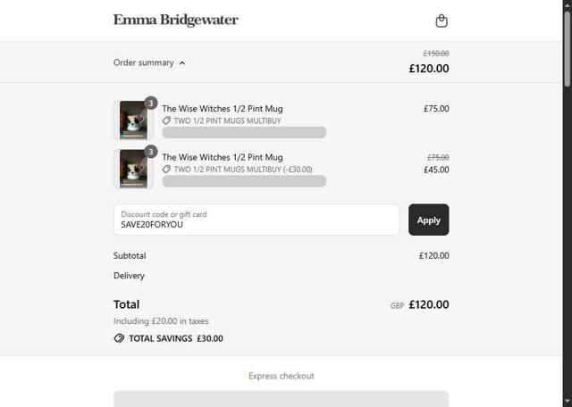 Emma Bridgewater checkout page showing Emma Bridgewater promo code box | Screenshot taken by SimplyCodes community member on Sep 10, 2025