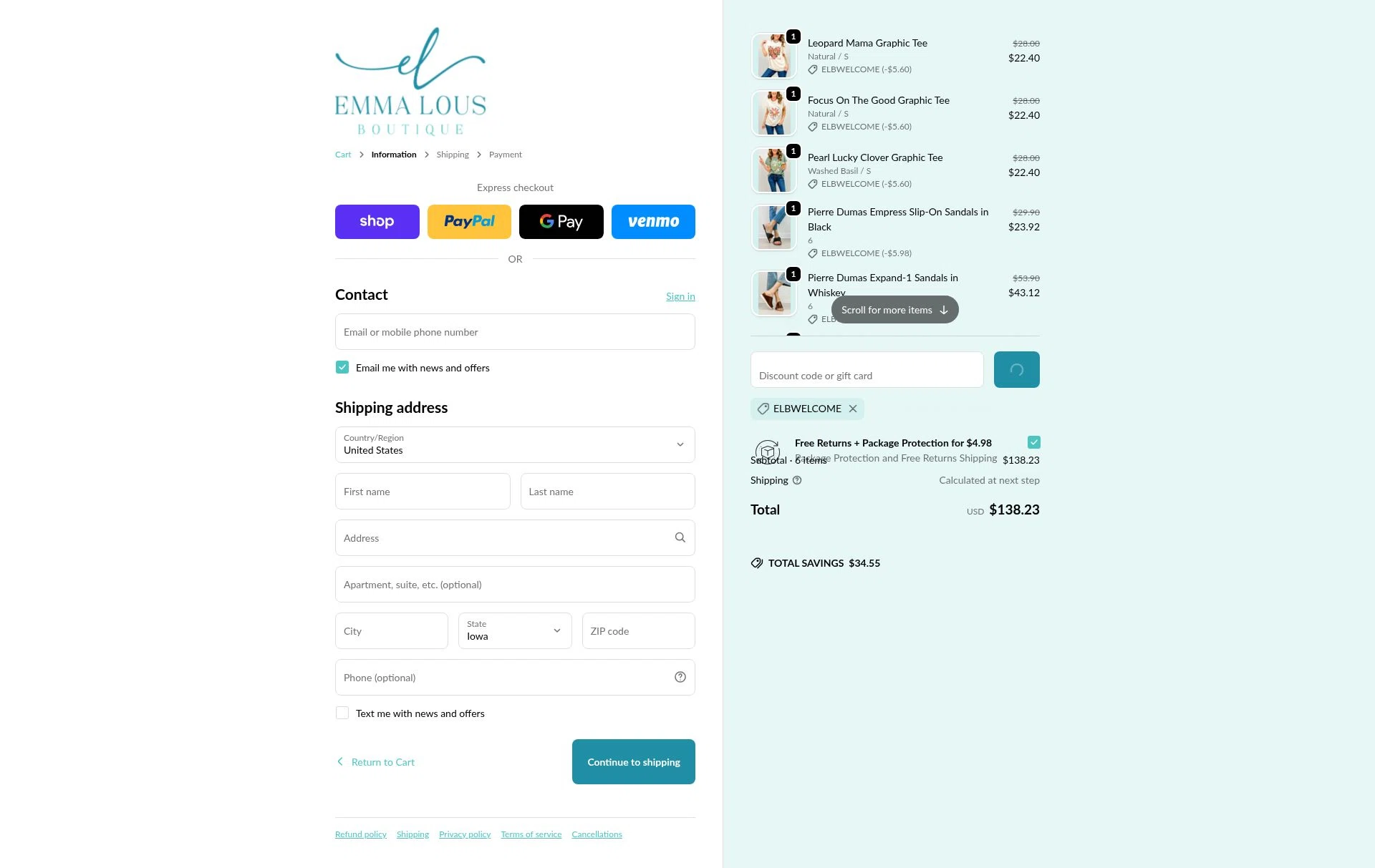 Emma Lou's Boutique checkout page showing Emma Lou's Boutique coupon code box | Screenshot taken by SimplyCodes community member on Feb 18, 2026