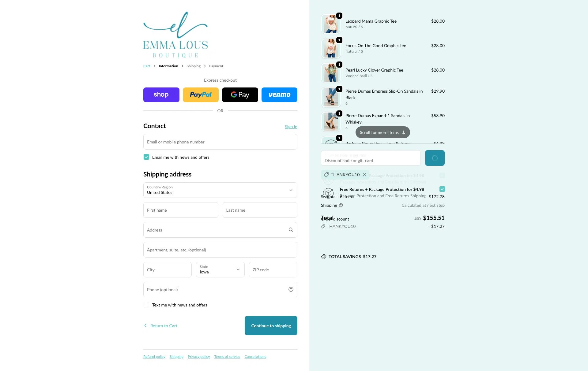 Emma Lou's Boutique checkout page showing Emma Lou's Boutique coupon code box | Screenshot taken by SimplyCodes community member on Feb 18, 2026