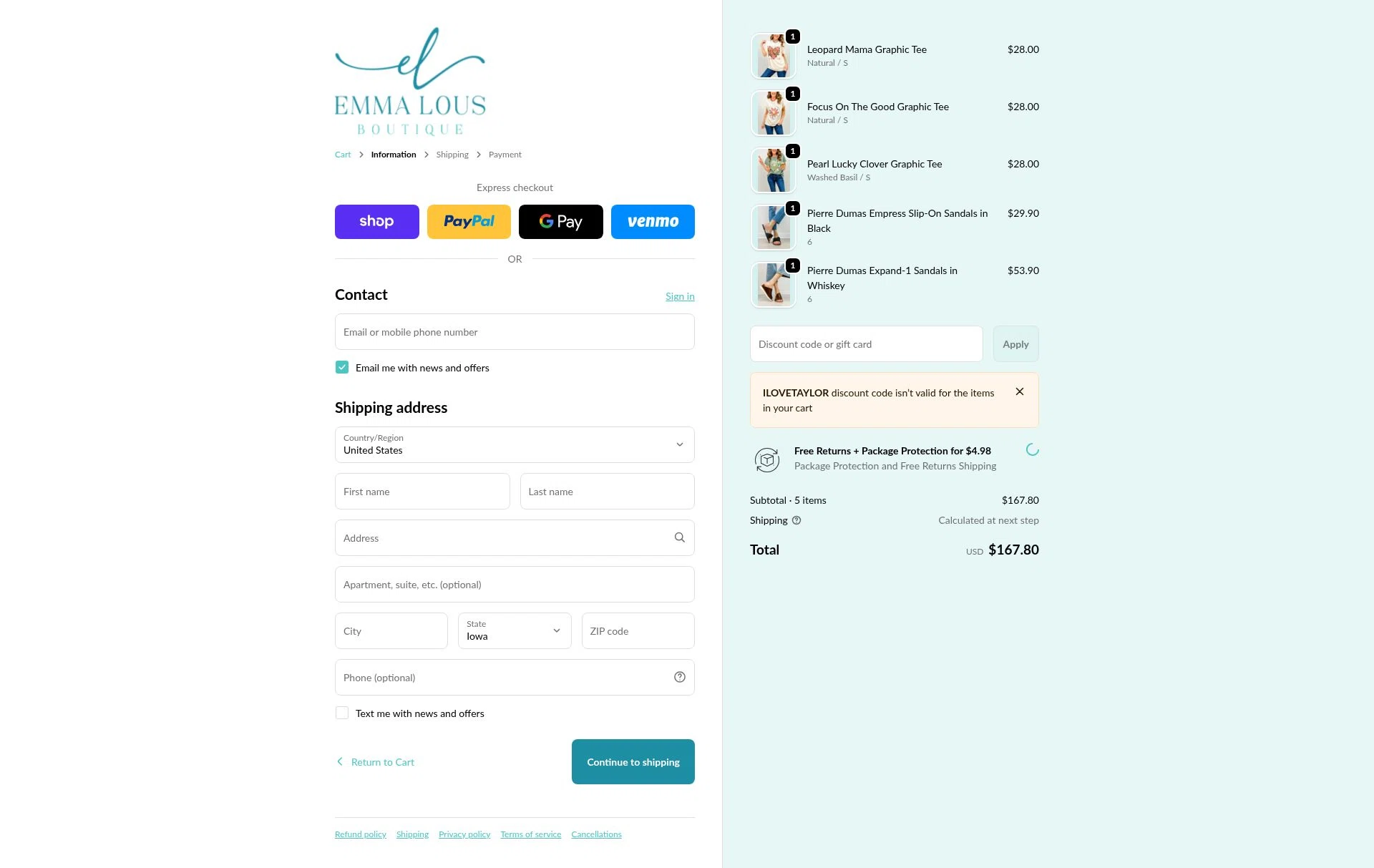 Emma Lou's Boutique checkout page showing Emma Lou's Boutique coupon code box | Screenshot taken by SimplyCodes community member on Feb 18, 2026