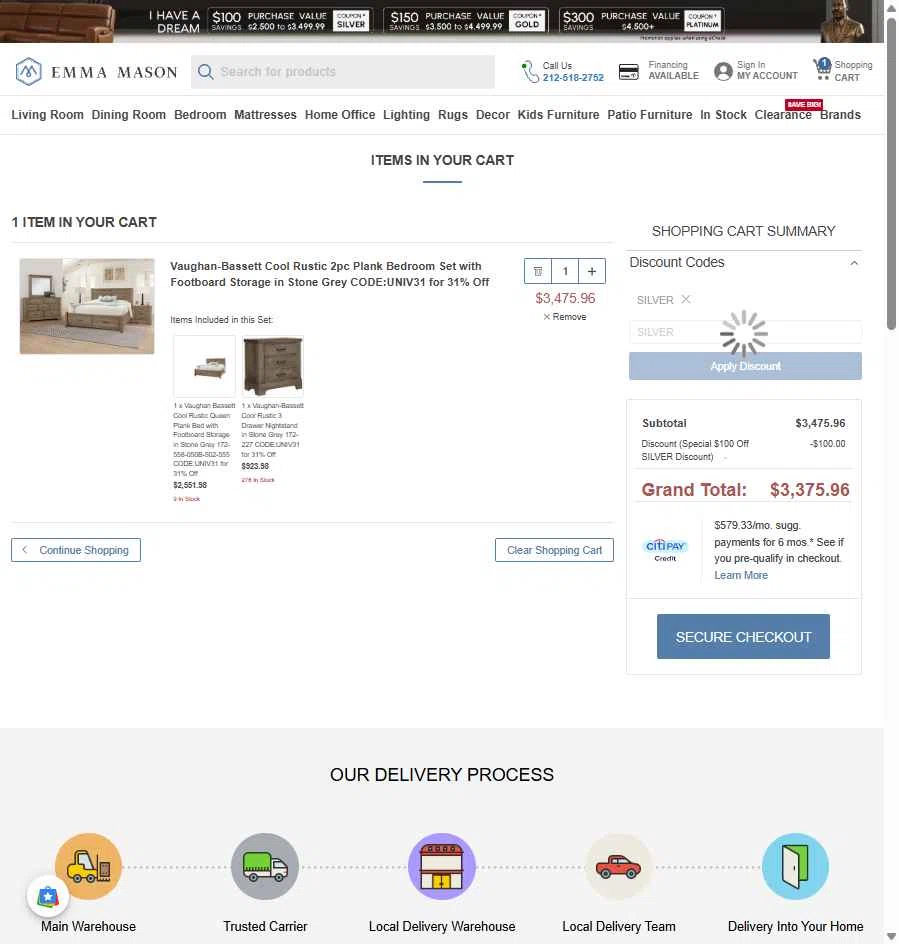 Emma Mason checkout page showing Emma Mason discount code box | Screenshot taken by SimplyCodes community member on Jan 13, 2026