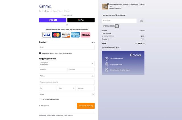 Emma Mattress US checkout page showing Emma Mattress US promo code box | Screenshot taken by SimplyCodes community member on Dec 30, 2024