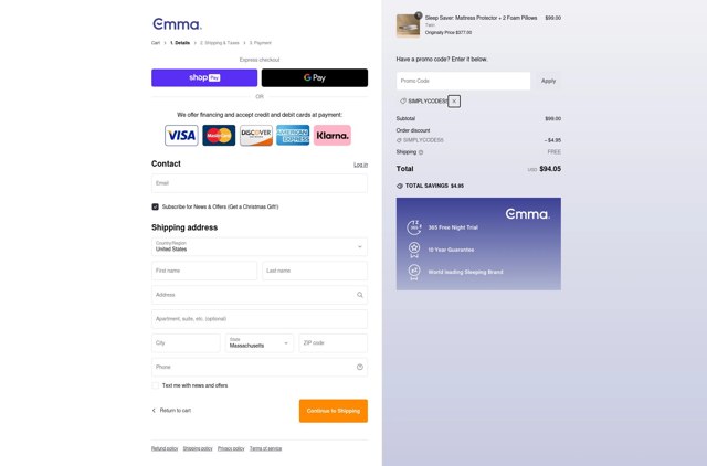 Emma Mattress US checkout page showing Emma Mattress US promo code box | Screenshot taken by SimplyCodes community member on Dec 11, 2024