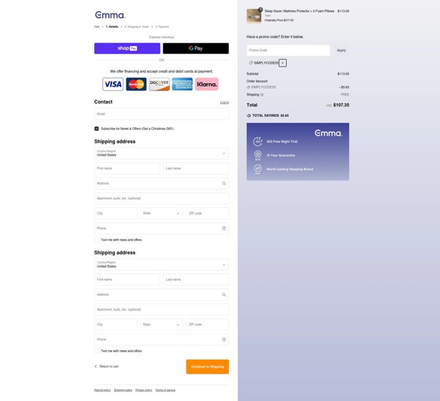 Emma Mattress US checkout page showing Emma Mattress US promo code box | Screenshot taken by SimplyCodes community member on Dec 29, 2024