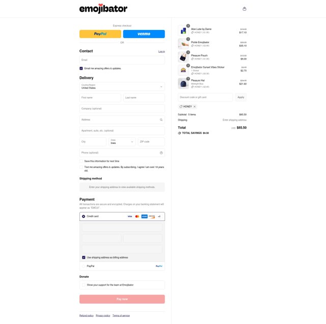Emojibator checkout page showing Emojibator discount code box | Screenshot taken by SimplyCodes community member on Sep 3, 2025