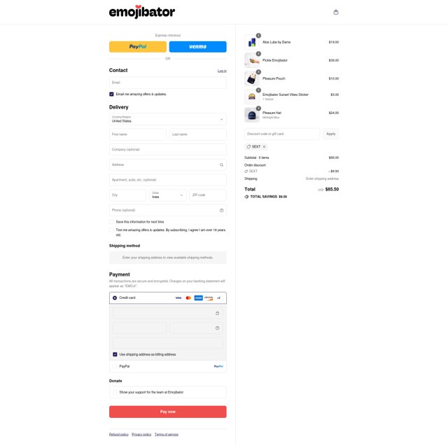 Emojibator checkout page showing Emojibator discount code box | Screenshot taken by SimplyCodes community member on Sep 3, 2025