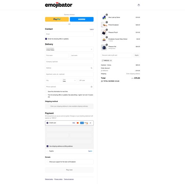Emojibator checkout page showing Emojibator discount code box | Screenshot taken by SimplyCodes community member on Sep 3, 2025
