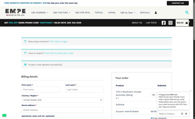 Empe checkout page showing Empe promo code box | Screenshot taken by SimplyCodes community member on Aug 25, 2025