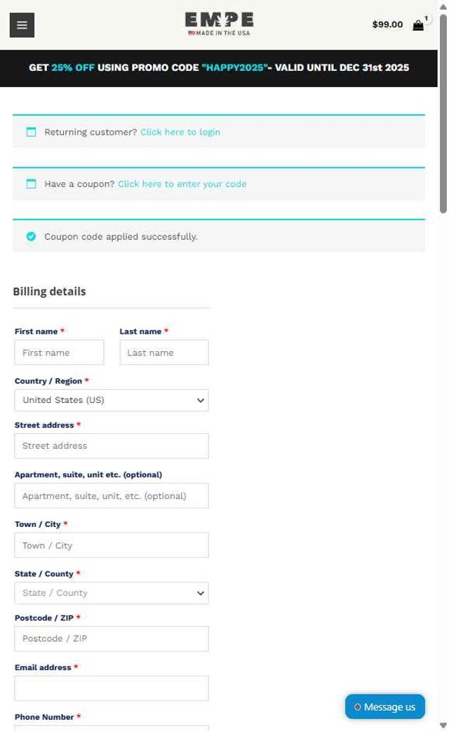 Empe checkout page showing Empe promo code box | Screenshot taken by SimplyCodes community member on Jul 27, 2025