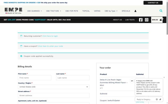 Empe checkout page showing Empe promo code box | Screenshot taken by SimplyCodes community member on Jul 27, 2025