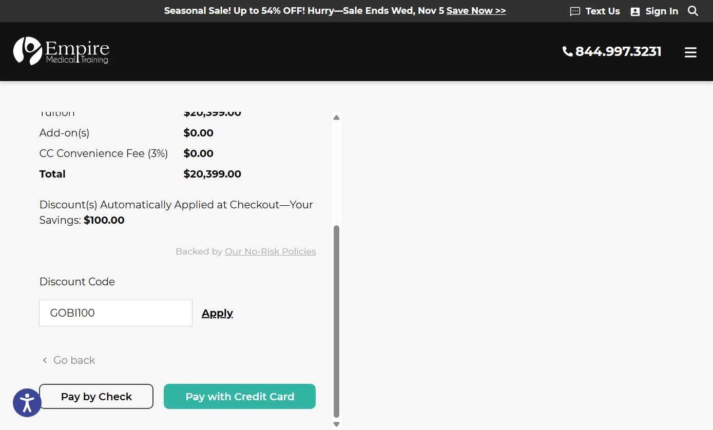 Empire Medical Training checkout page showing Empire Medical Training discount code box | Screenshot taken by SimplyCodes community member on Nov 6, 2025