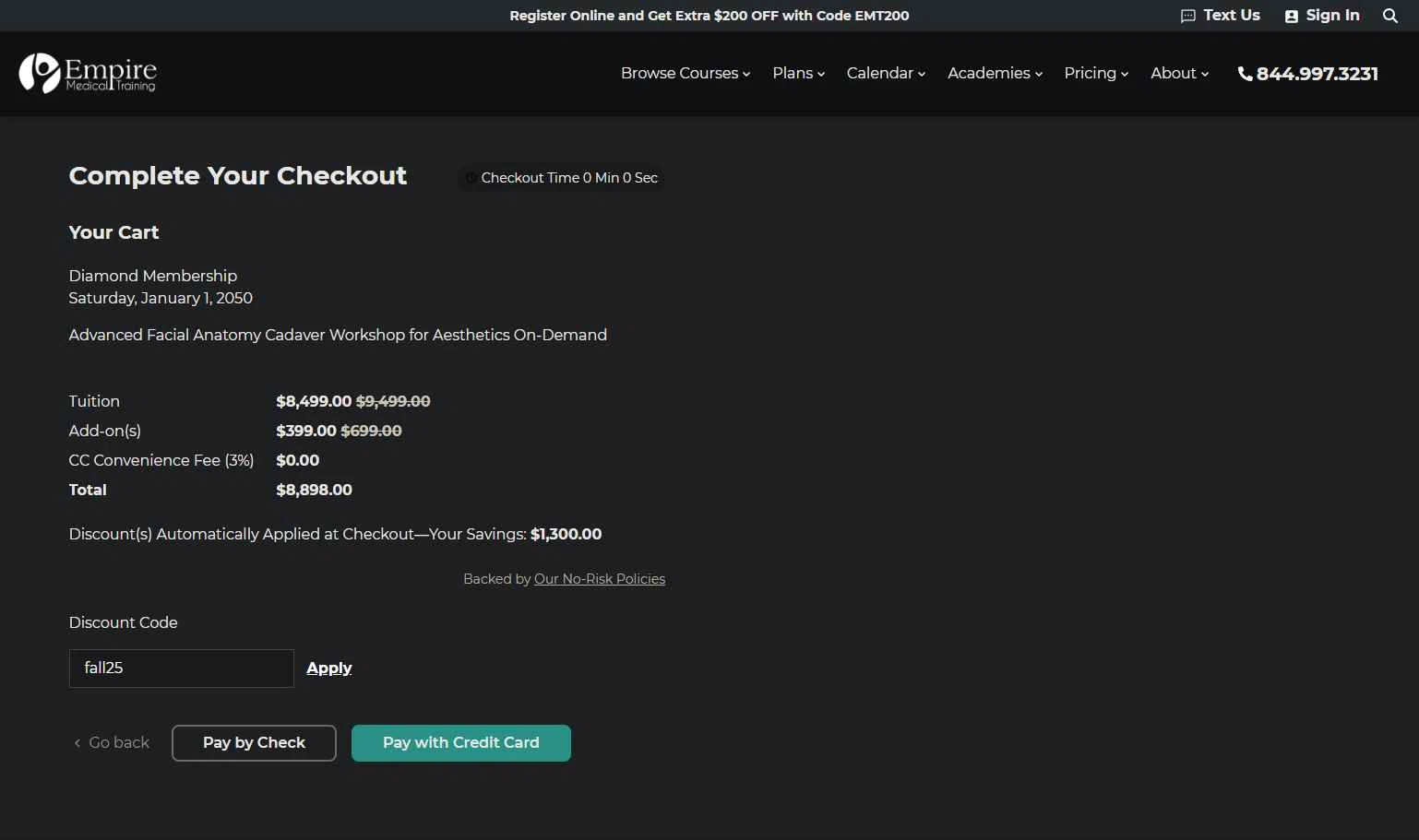 Empire Medical Training checkout page showing Empire Medical Training discount code box | Screenshot taken by SimplyCodes community member on Nov 7, 2025