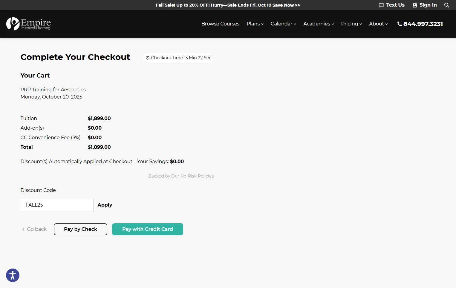 Empire Medical Training checkout page showing Empire Medical Training discount code box | Screenshot taken by SimplyCodes community member on Oct 9, 2025