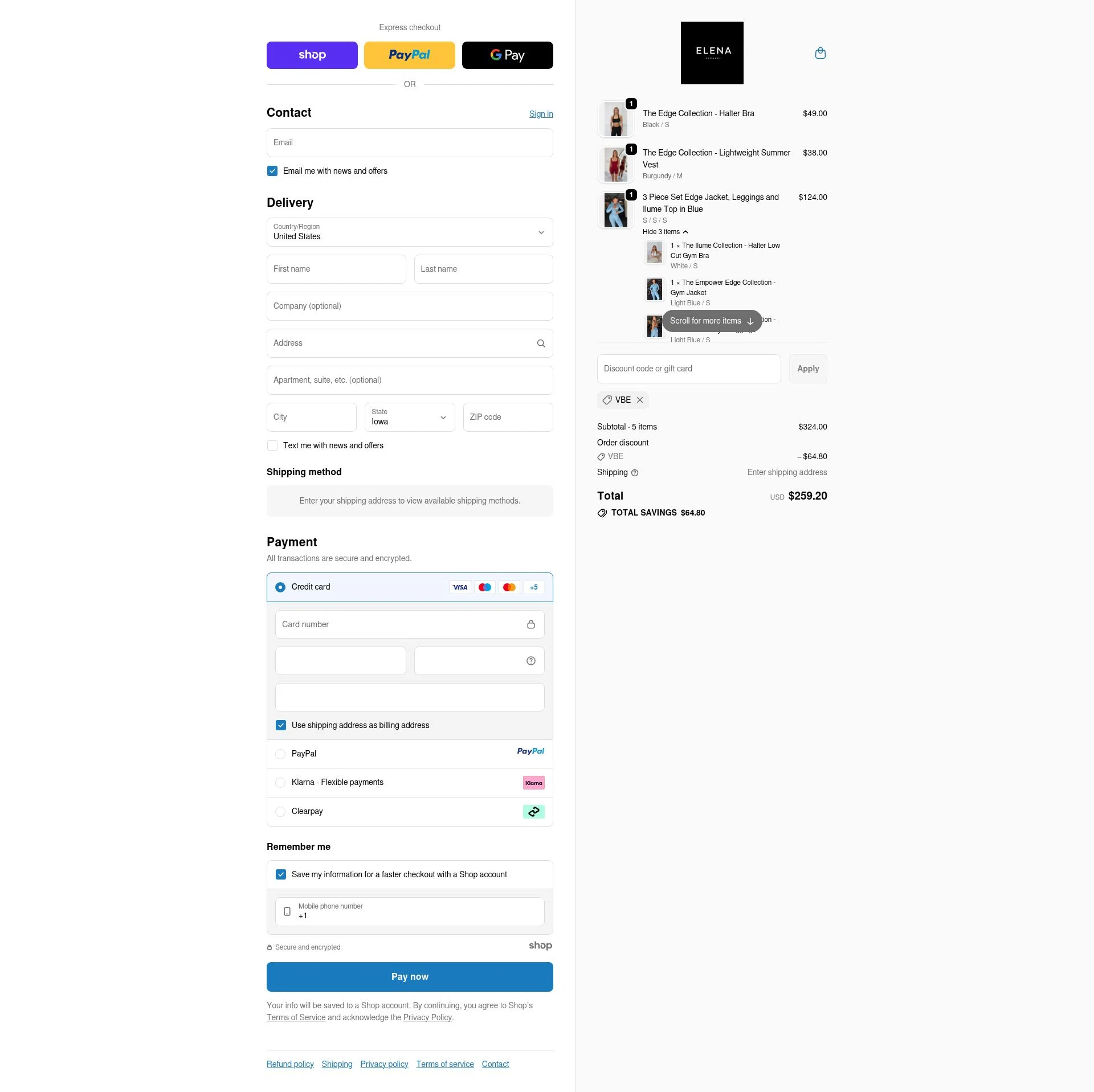 Elena Apparel checkout page showing Elena Apparel promo code box | Screenshot taken by SimplyCodes community member on Oct 2, 2025