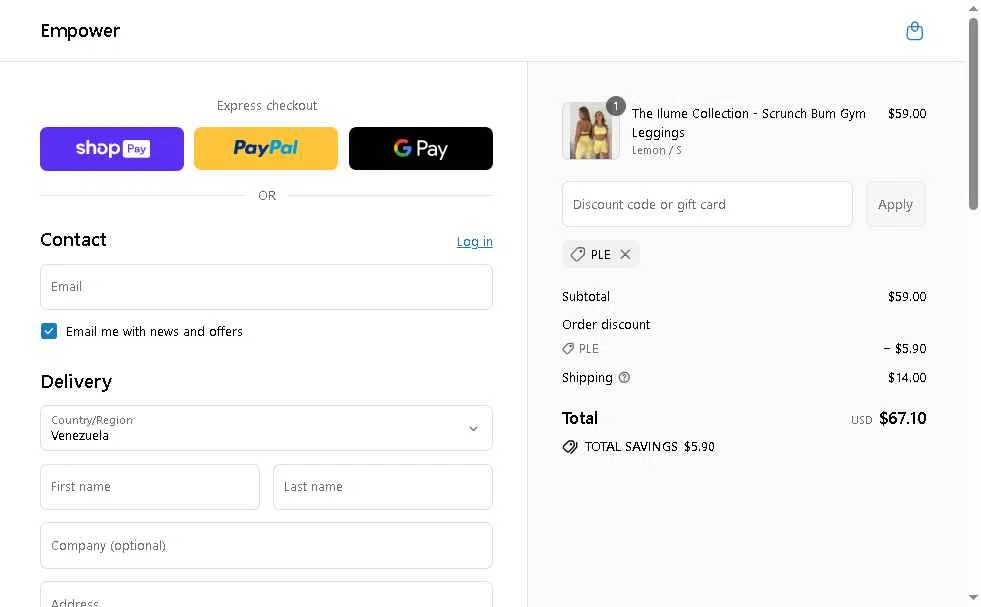 Elena Apparel checkout page showing Elena Apparel promo code box | Screenshot taken by SimplyCodes community member on Jul 28, 2025