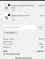 WELCOME10 coupon verification screenshot