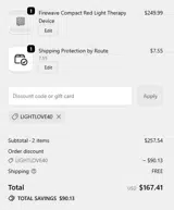 LIGHTLOVE40 coupon verification screenshot