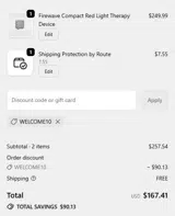 WELCOME10 coupon verification screenshot