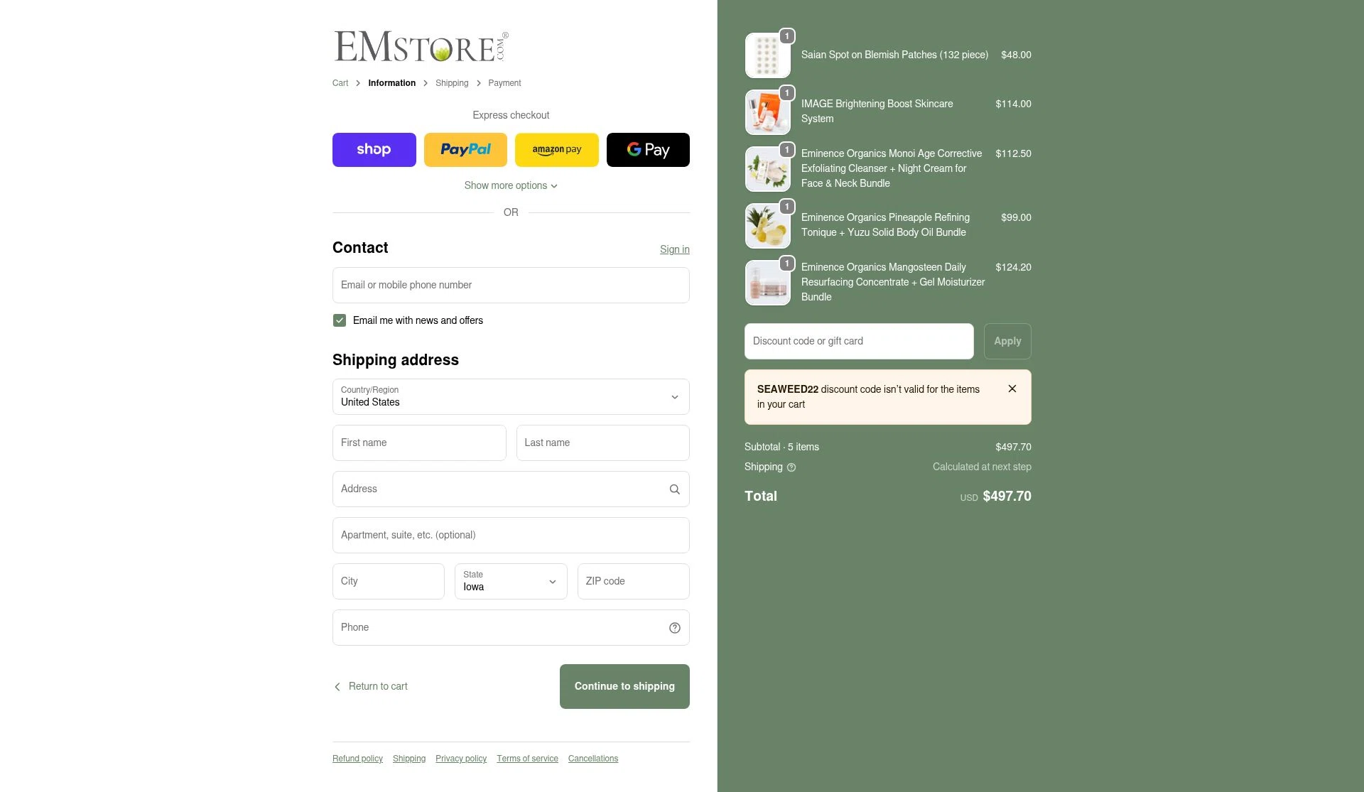 EMstore.com checkout page showing EMstore.com coupon code box | Screenshot taken by SimplyCodes community member on Jan 28, 2026