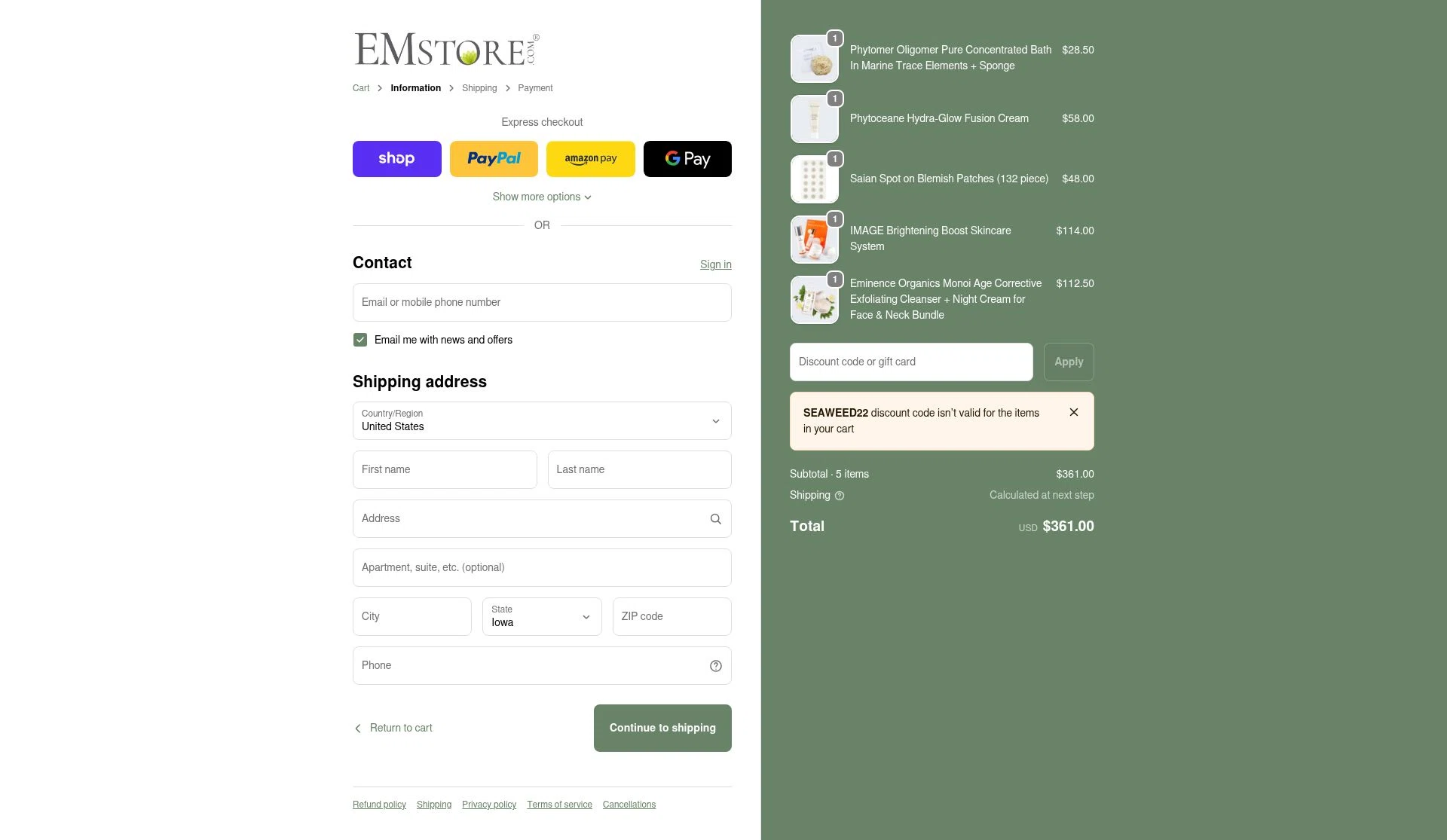 EMstore.com checkout page showing EMstore.com coupon code box | Screenshot taken by SimplyCodes community member on Feb 14, 2026