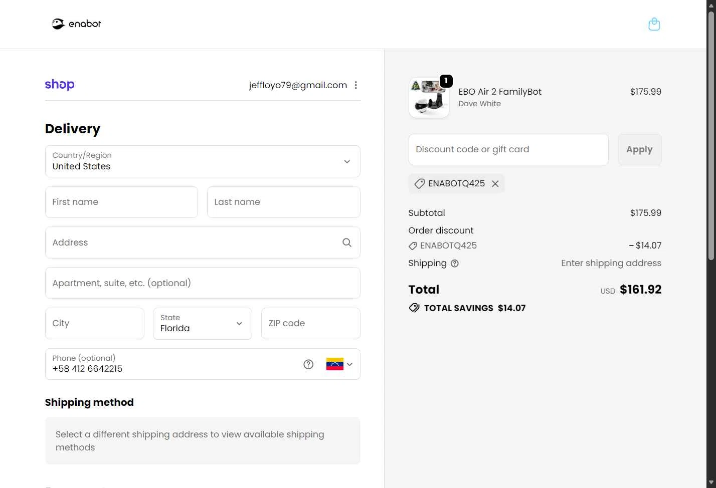 Enabot checkout page showing Enabot coupon code box | Screenshot taken by SimplyCodes community member on Dec 23, 2025