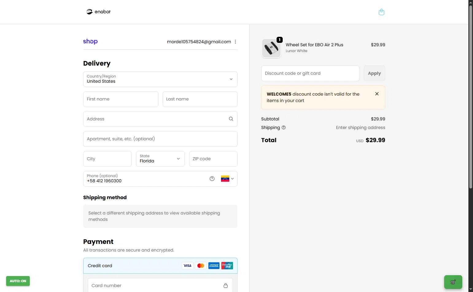 Enabot checkout page showing Enabot coupon code box | Screenshot taken by SimplyCodes community member on Jan 5, 2026