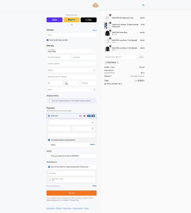 EnacFire checkout page showing EnacFire promo code box | Screenshot taken by SimplyCodes community member on Sep 17, 2025