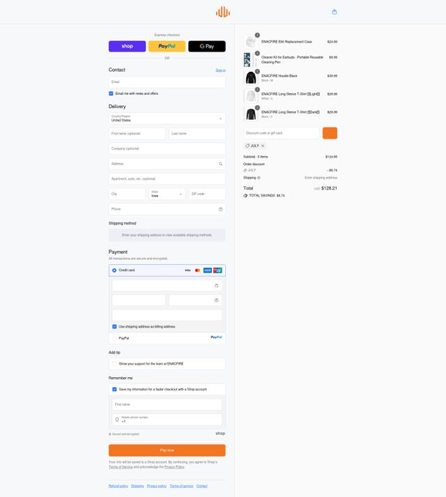 EnacFire checkout page showing EnacFire promo code box | Screenshot taken by SimplyCodes community member on Sep 17, 2025
