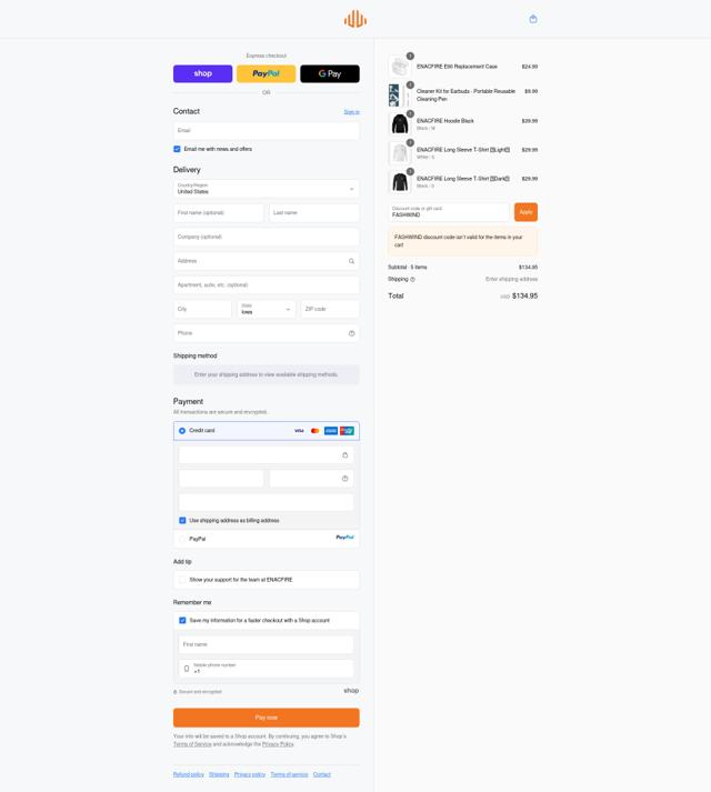 EnacFire checkout page showing EnacFire promo code box | Screenshot taken by SimplyCodes community member on Sep 17, 2025