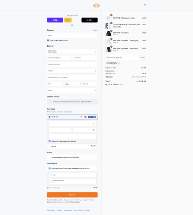 EnacFire checkout page showing EnacFire promo code box | Screenshot taken by SimplyCodes community member on Sep 17, 2025