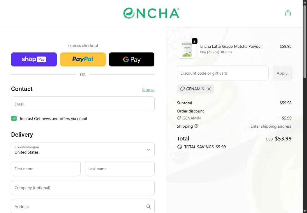 Encha checkout page showing Encha promo code box | Screenshot taken by SimplyCodes community member on Jan 11, 2026