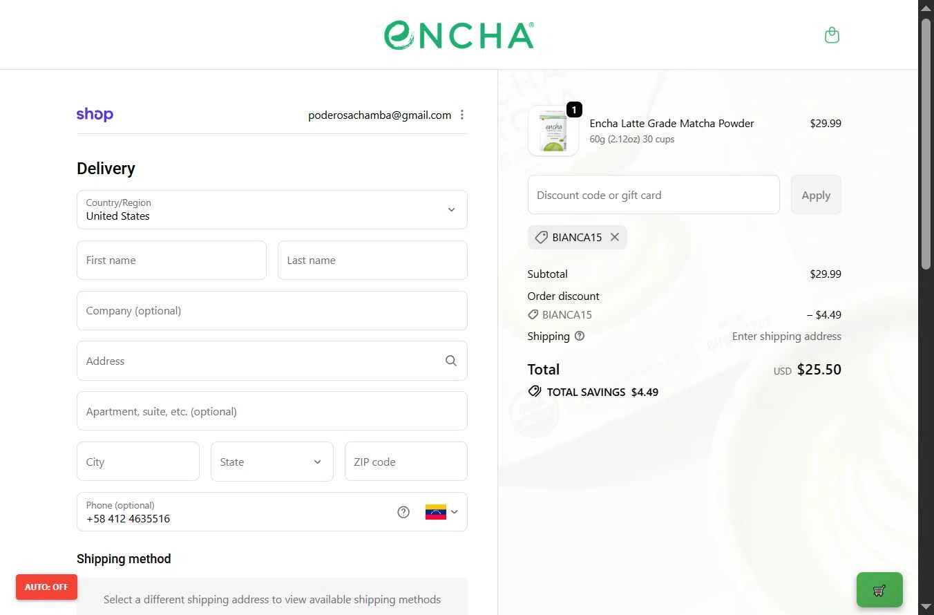 Encha checkout page showing Encha promo code box | Screenshot taken by SimplyCodes community member on Dec 25, 2025
