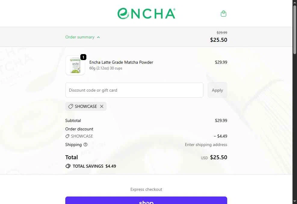 Encha checkout page showing Encha promo code box | Screenshot taken by SimplyCodes community member on Dec 23, 2025